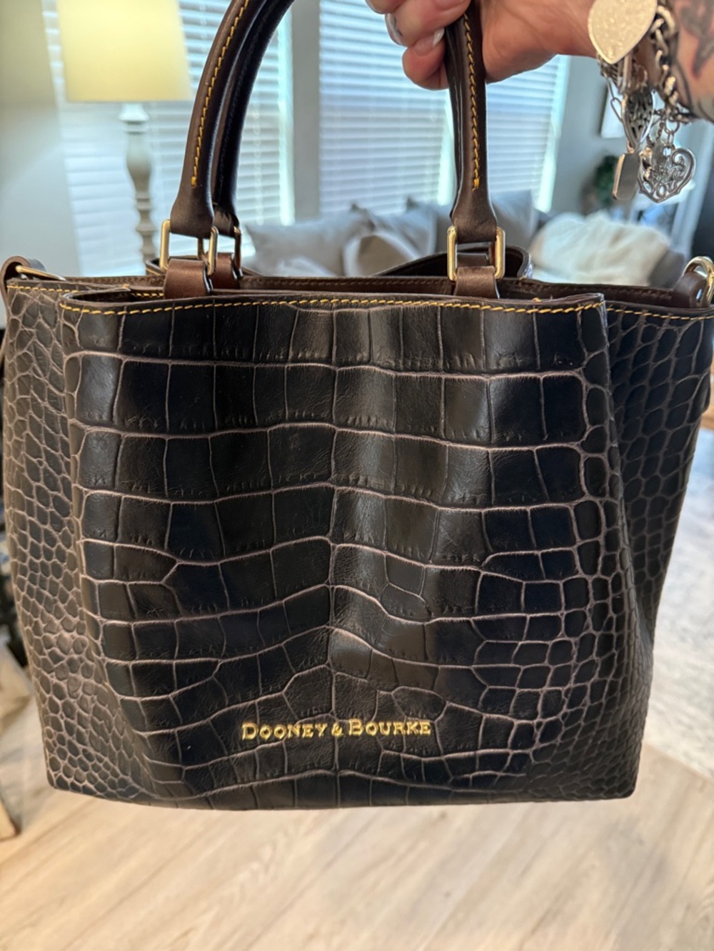Dooney & Bourke Black Croc-Embossed Leather Satchel with Gold Logo